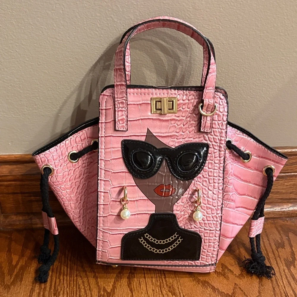 Pink SASSY CHIC LADY Bag with Face Design Adjustable size and crossbody handle